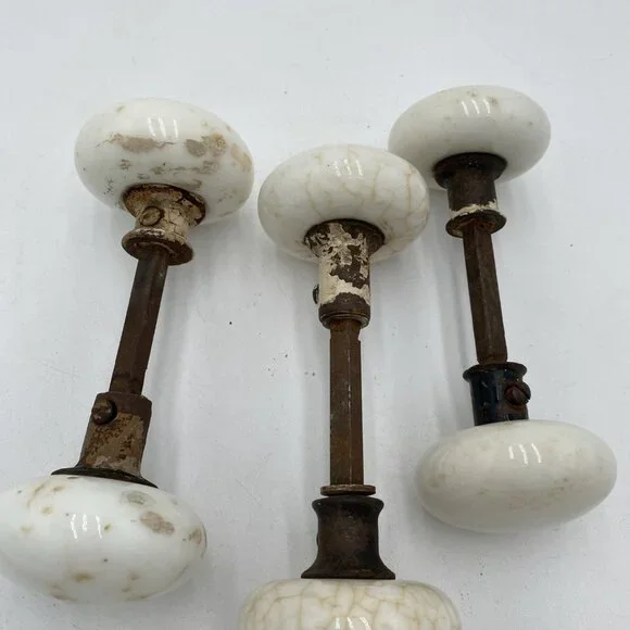 Antique Door Knob Handle Lot Porcelain White Art Deco Victorian VIntage Set 3
